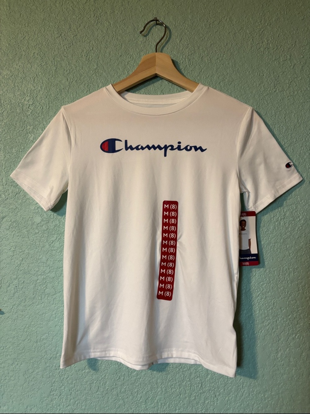 Champion Youth White Short-Sleeve Logo Tee Navy & Red Accent Size 8 NWT